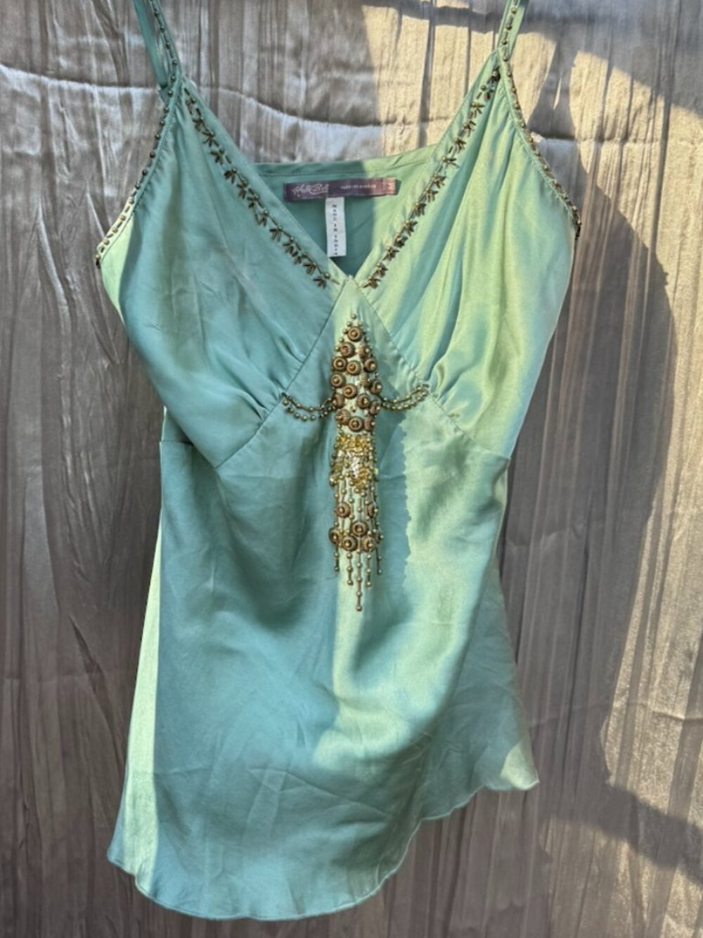 Hale Bob teal silk embellished top